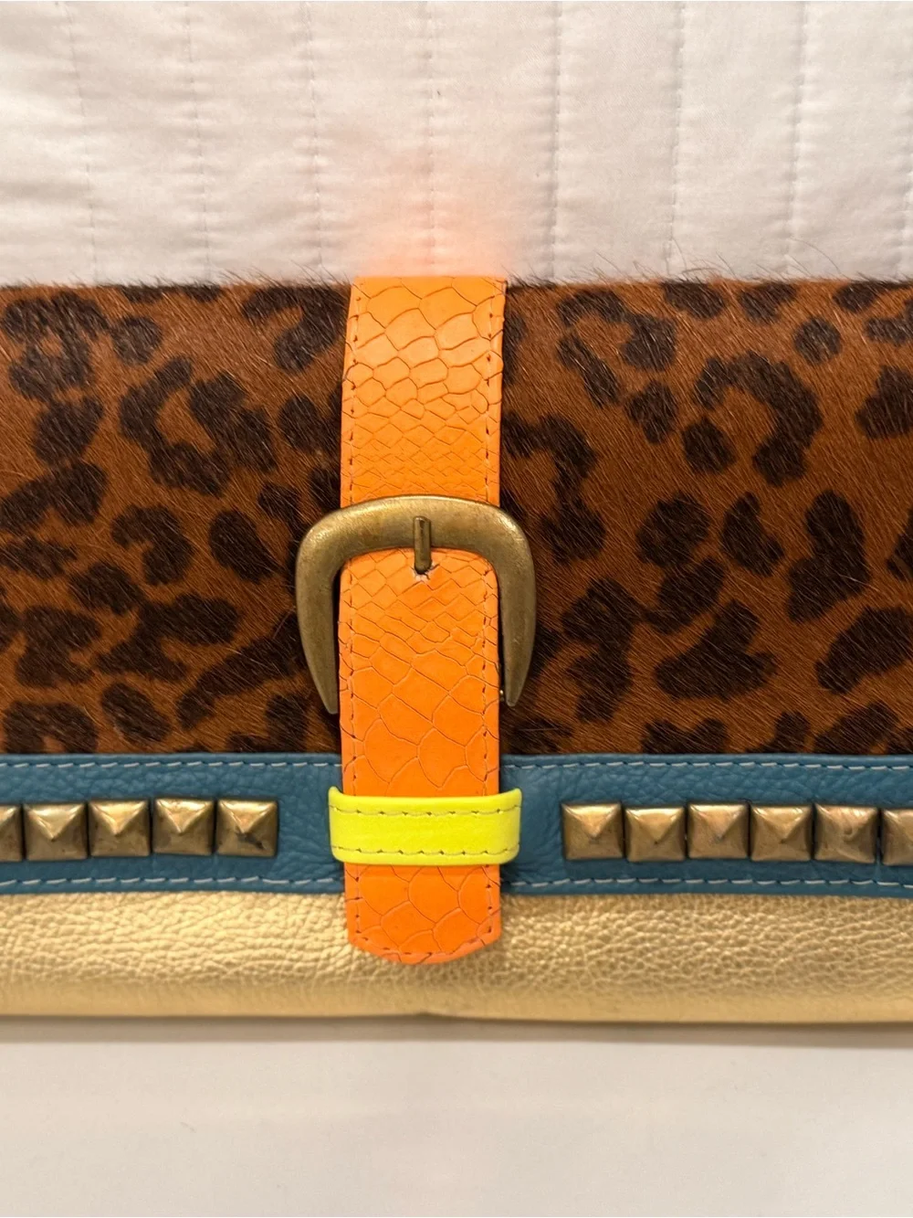 Rare Vintage Genuine Argentine Leather Leopard - print, Gold Clutch